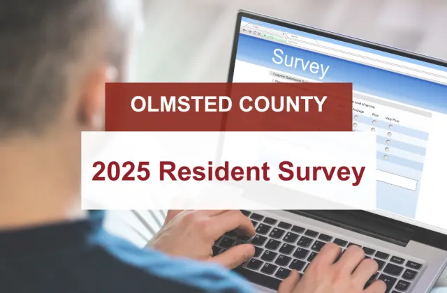 Person typing on computer with overlay that says 2025 Resident Survey