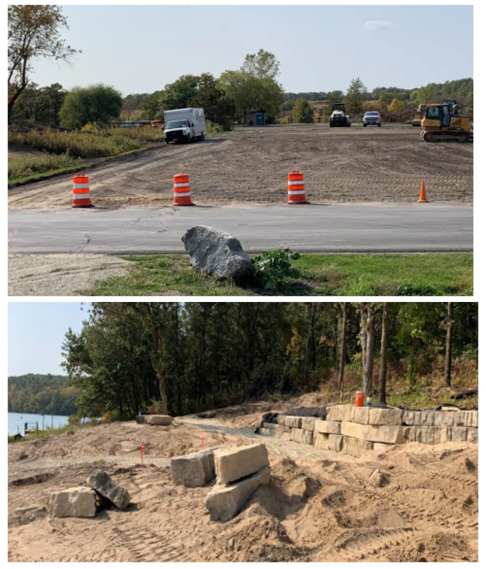 Boat launch parking lot and beach shoreline under construction for watercraft rentals