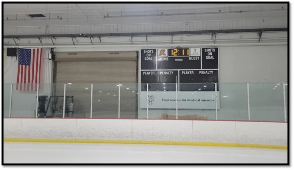 New scoreboard inside Graham Arena One - Presented by Mayo Clinic.