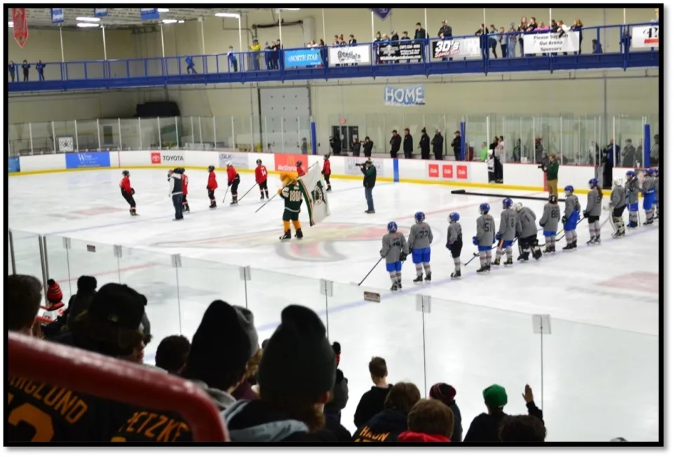 Nordy the MN Wild Mascot with the RYHA and Waseca players before the game.