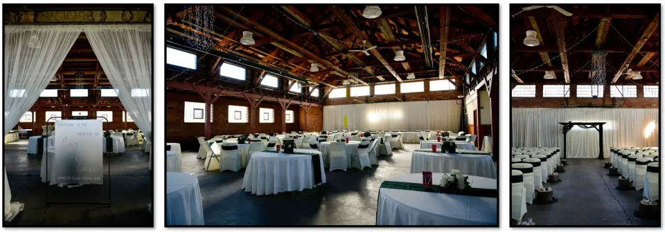 Photos from inside Crawford Hall. Wedding ceremony and reception setup.