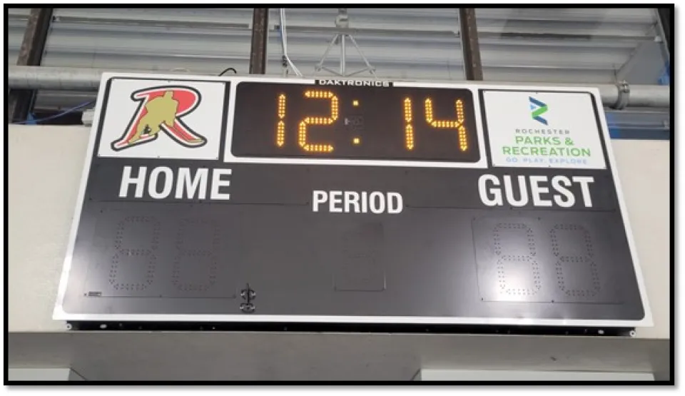 New scoreboard inside Graham Arena One - Presented by Mayo Clinic.