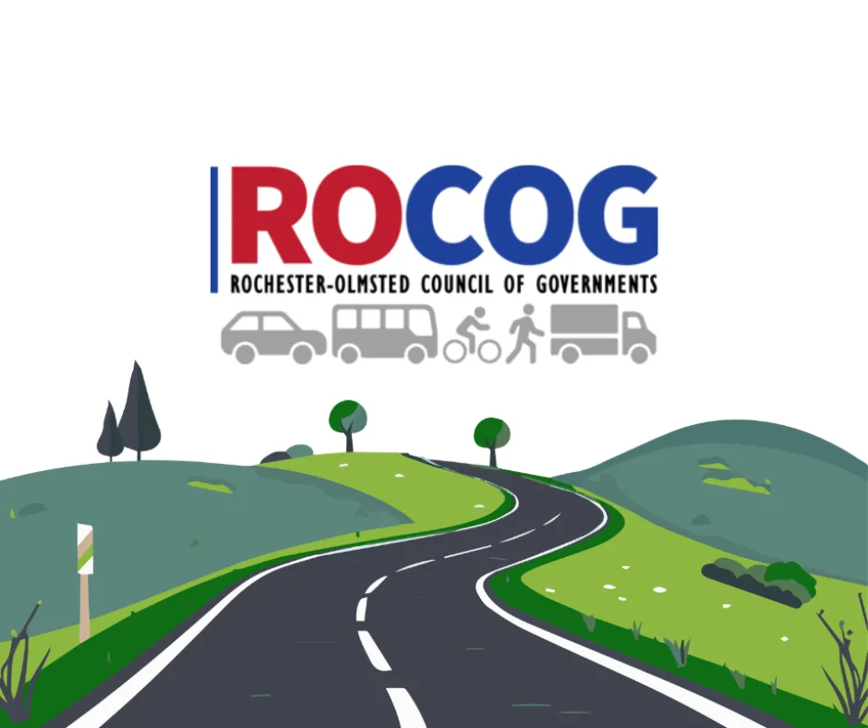 ROCOG logo-Rochester-Olmsted Council of Governments. Icons of vehicles and people walking and biking. A graphic of a road amid a landscape.