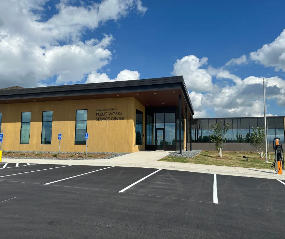 An exterior photo of the newly expanded Public Works Service Center on a sunny day.