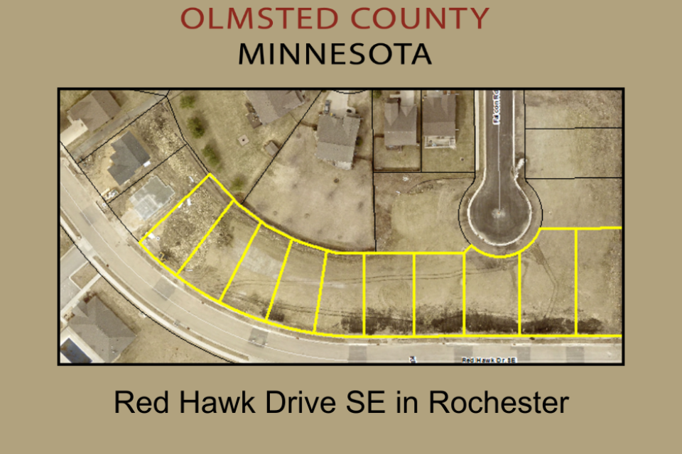 Olmsted County, Minnesota. Red Hawk Drive SE in Rochester. An arial image of the ten lots, outlined in yellow.