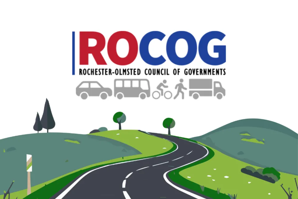 ROCOG logo-Rochester-Olmsted Council of Governments. Icons of vehicles and people walking and biking. A graphic of a road amid a landscape.