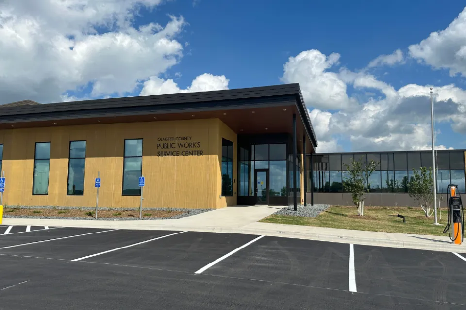 An exterior photo of the newly expanded Public Works Service Center on a sunny day.